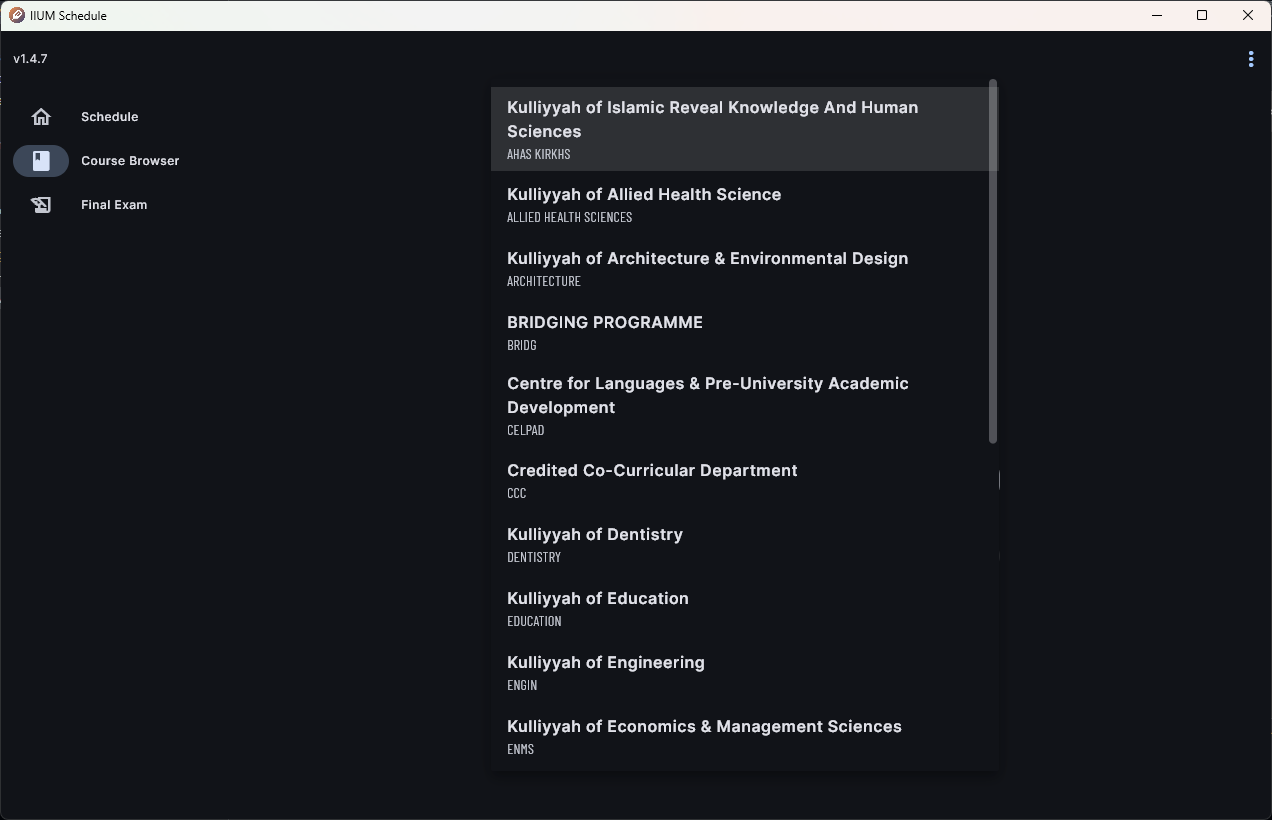 Screenshot course selector
