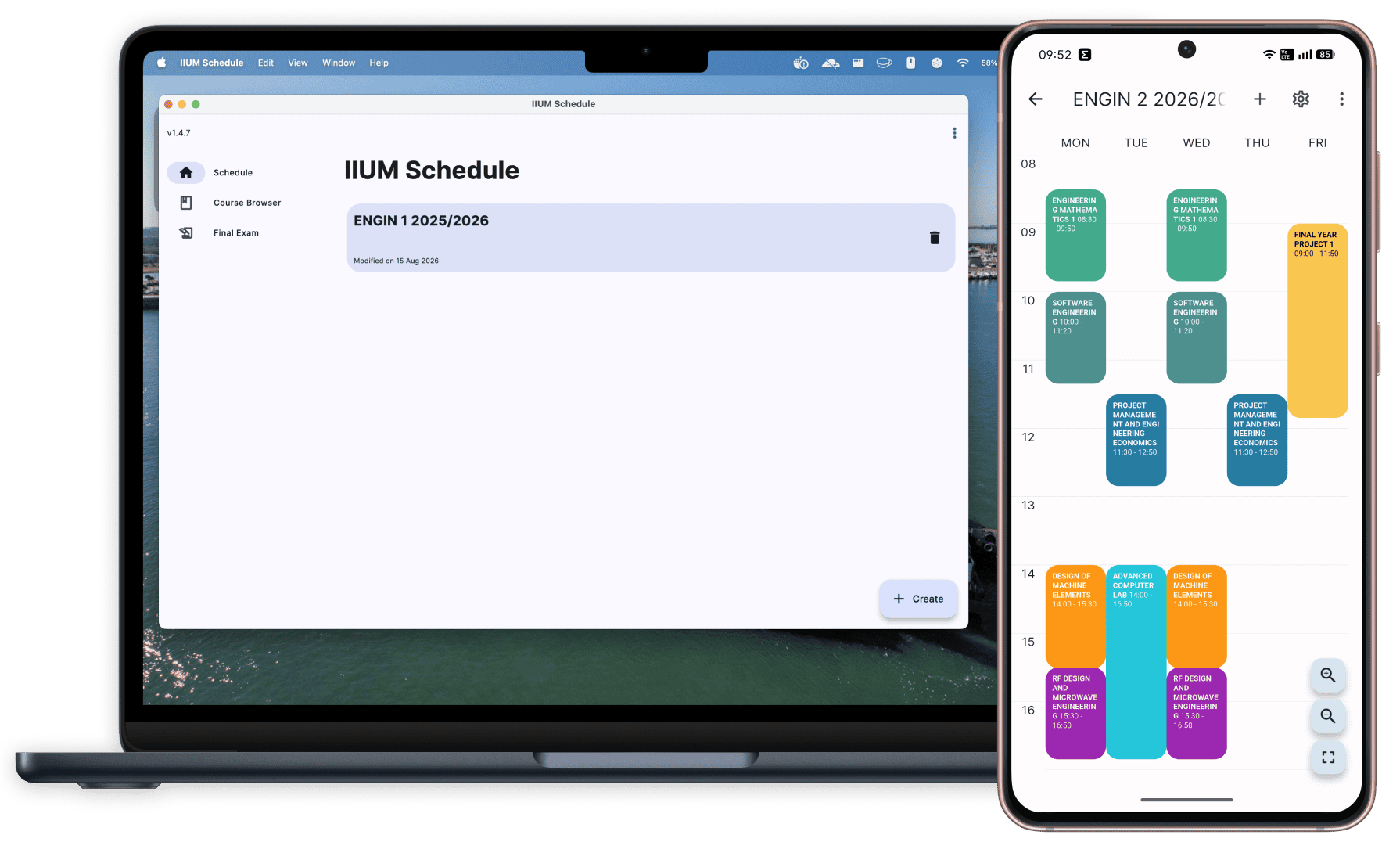 A week of classes laid out in the IIUM Schedule app